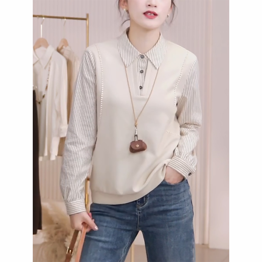 拼接假两件衬衫2025秋季新款时尚洋气减龄休闲显瘦设计感条纹上衣