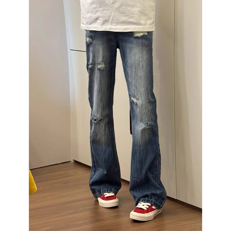 蓝色闪电纹破洞牛仔裤男秋季美式高街vibe裤子cleanfit直筒微喇裤