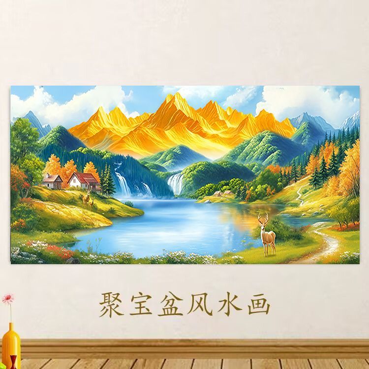 日照金山贴画2025新款流水生财客厅装饰画麋鹿风景壁画