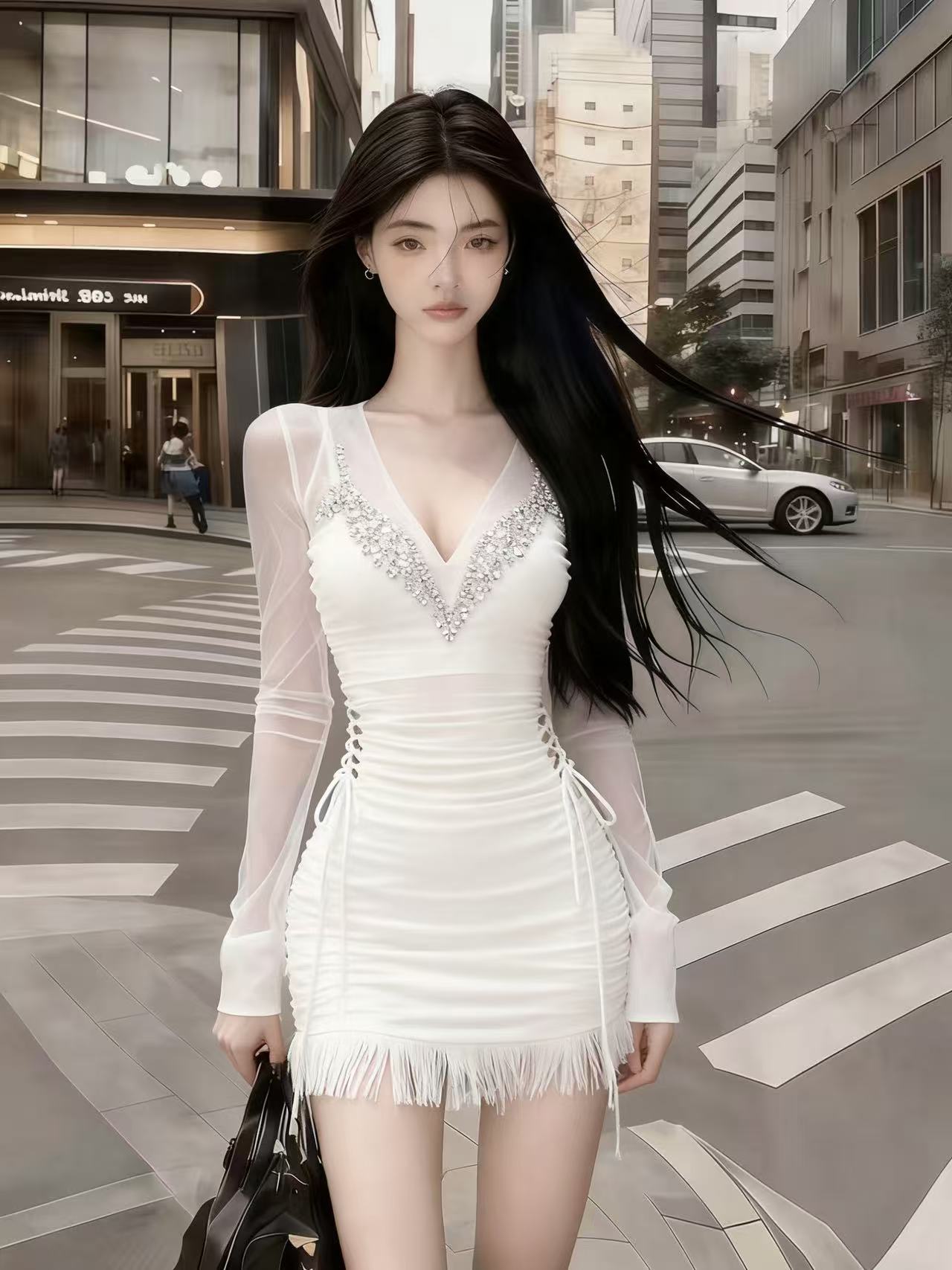 秋冬新款时尚纯欲气质辣妹风白色V领镶钻修身长袖收腰包臀连衣裙