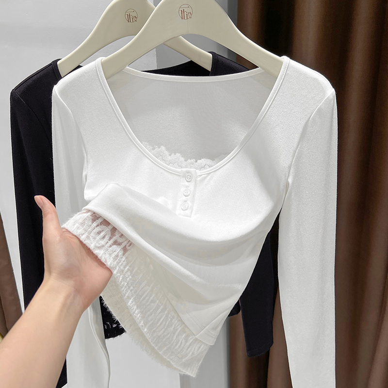 拼接蕾丝边长袖打底衫女春秋新款大圆低领性感内搭轻熟风套头上衣