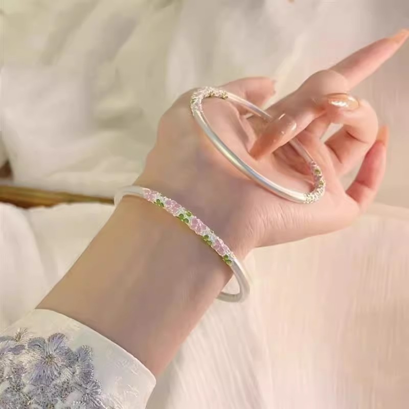 梅花卷草纹手镯足银999新中式简约百搭风情人节送女朋友