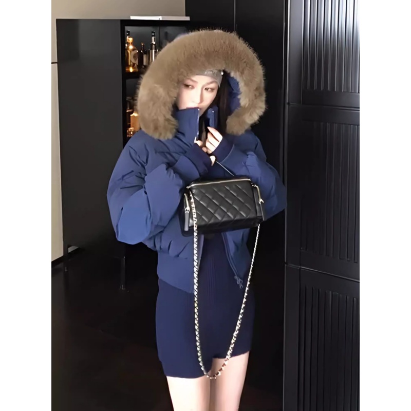 美式复古藏青色冬季毛领连帽羽绒棉服收腰加厚保暖短款面包服外套