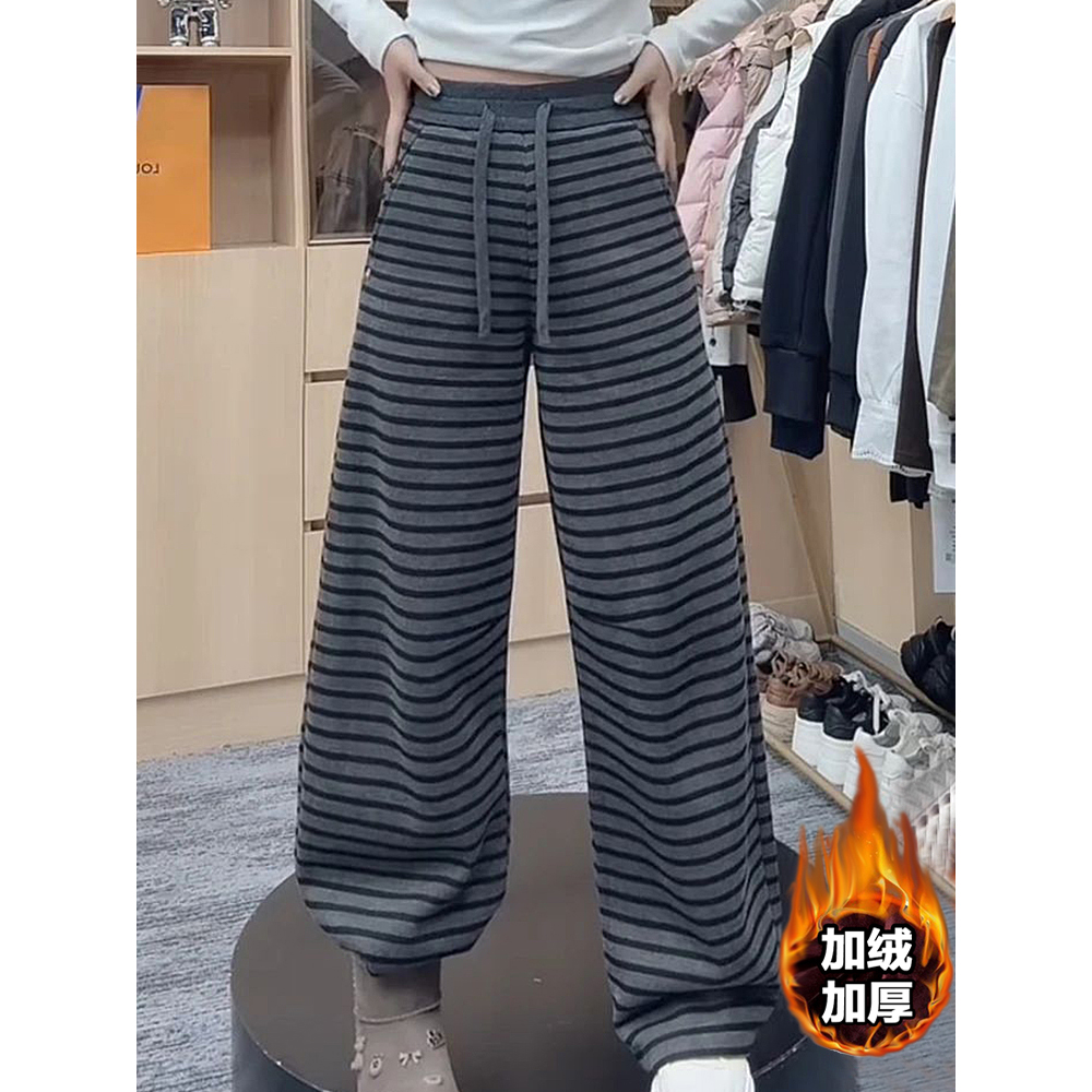 韩系时尚条纹裤显瘦阔腿裤加绒加厚冬季新款休闲裤子弯刀裤百搭款