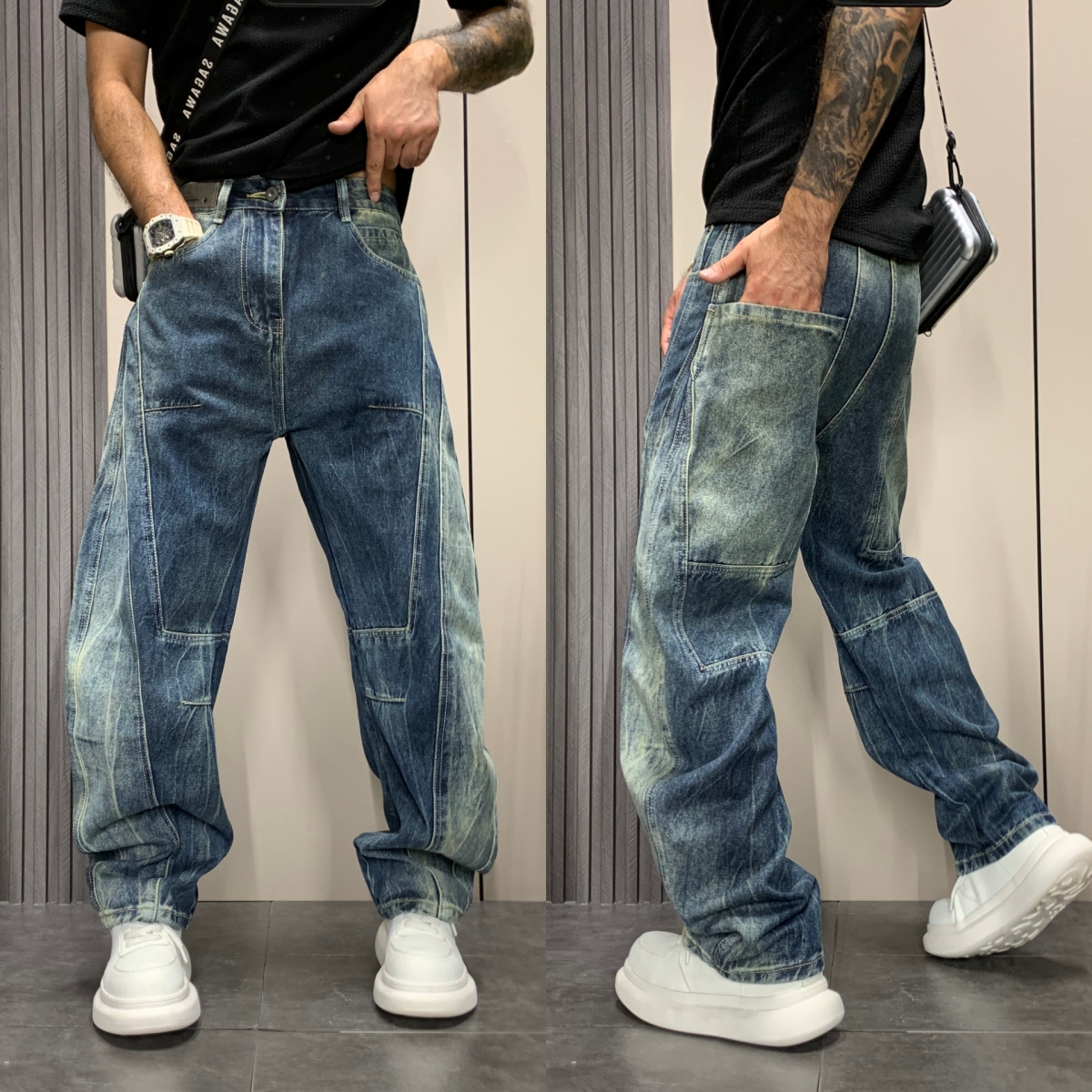 2025秋季新款美式拼接水洗渐变直筒裤痞帅弯刀裤男士高级感牛仔裤