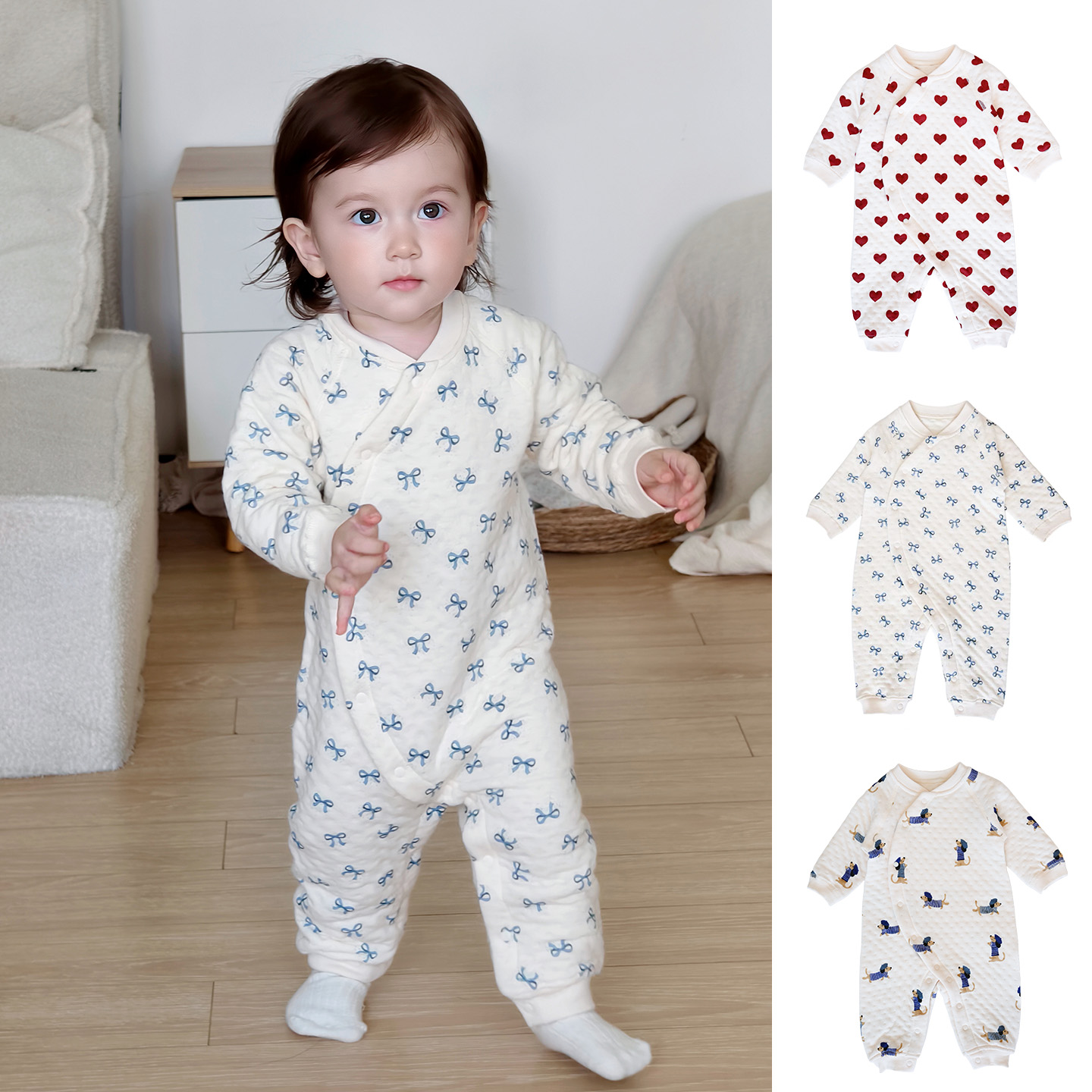 2025新款棉服北欧风A类宝宝秋冬夹棉连体爬服宝宝侧开外出连体衣