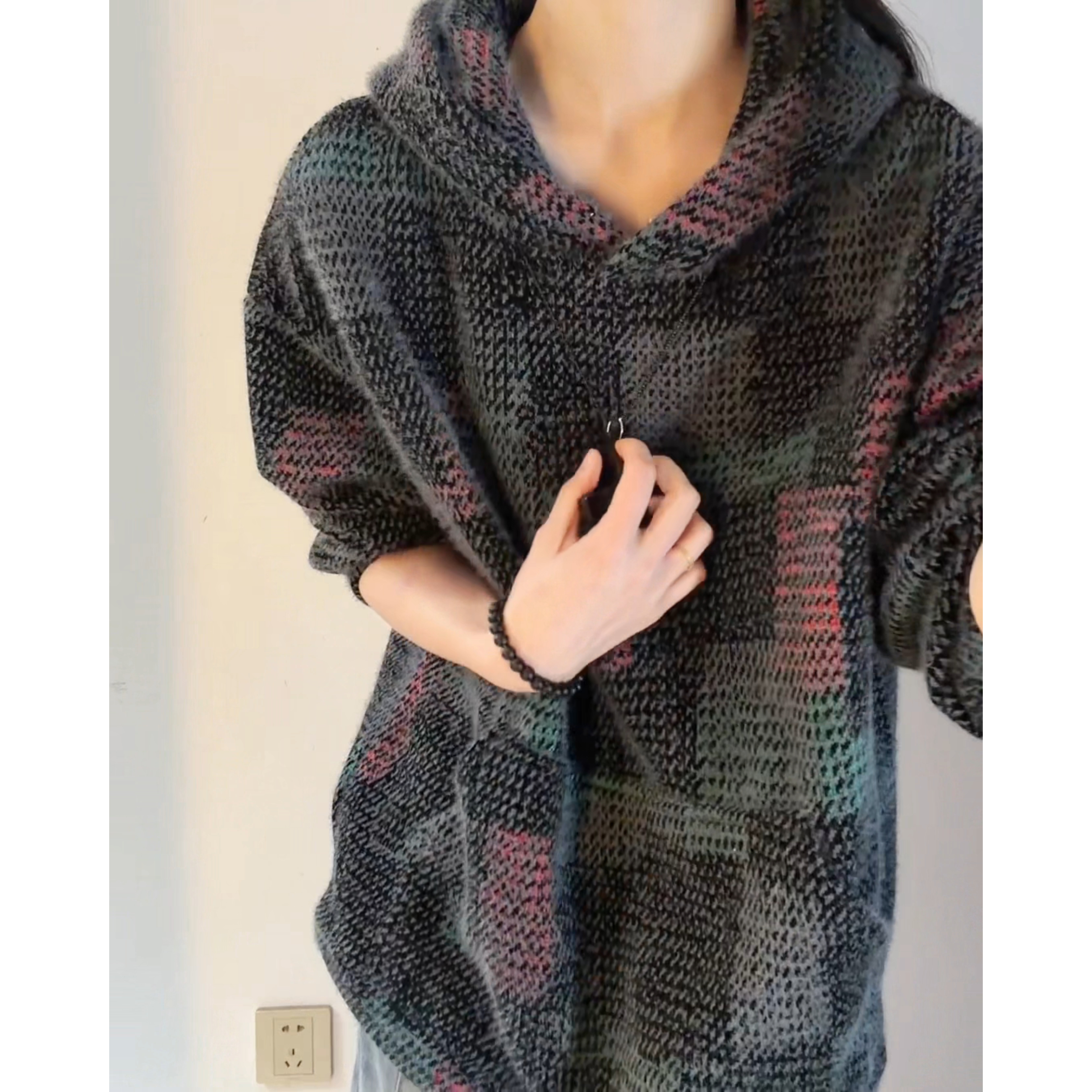 美式复古连帽针织卫衣男女秋冬宽松重磅百搭外套cleanfit情侣上衣