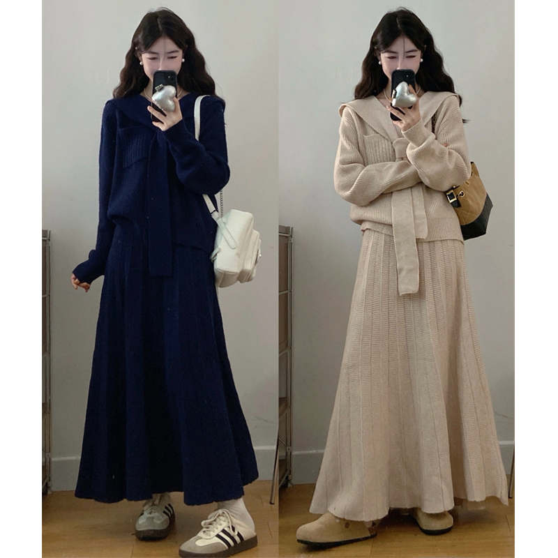 大码胖mm秋季新款法式气质披肩针织开衫毛衣半身长裙两件套装女