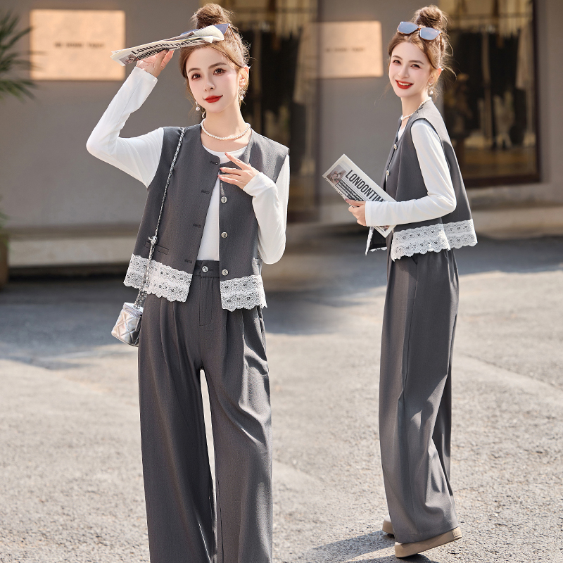 小香风休闲套装女2025秋季新款韩系西装蕾丝马甲阔腿裤穿搭一整套