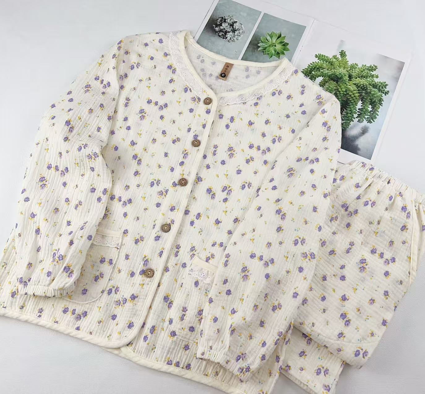 升级版长袖长裤纯棉棉纱睡衣女士春秋家居服大码套装