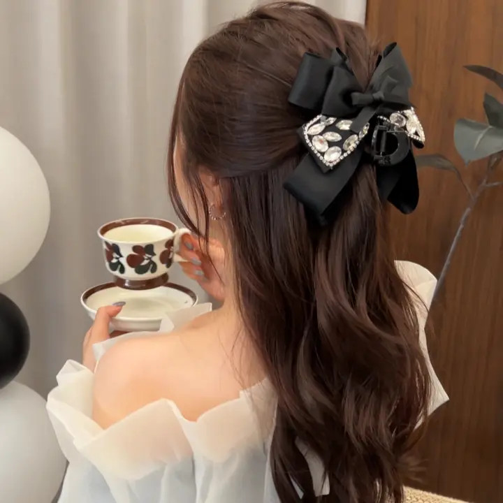 高级感黑色 闪钻多层蝴蝶结抓夹女时尚轻奢后脑袋盘发鲨鱼夹发卡