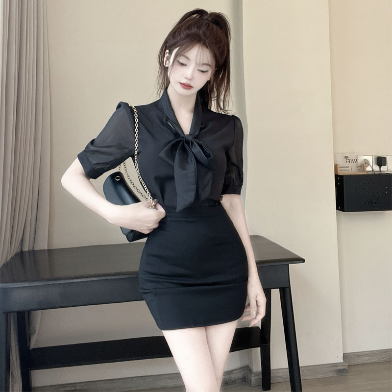 气质职业通勤蝴蝶结黑色衬衫女短袖上衣夏季显瘦时尚穿搭两件套