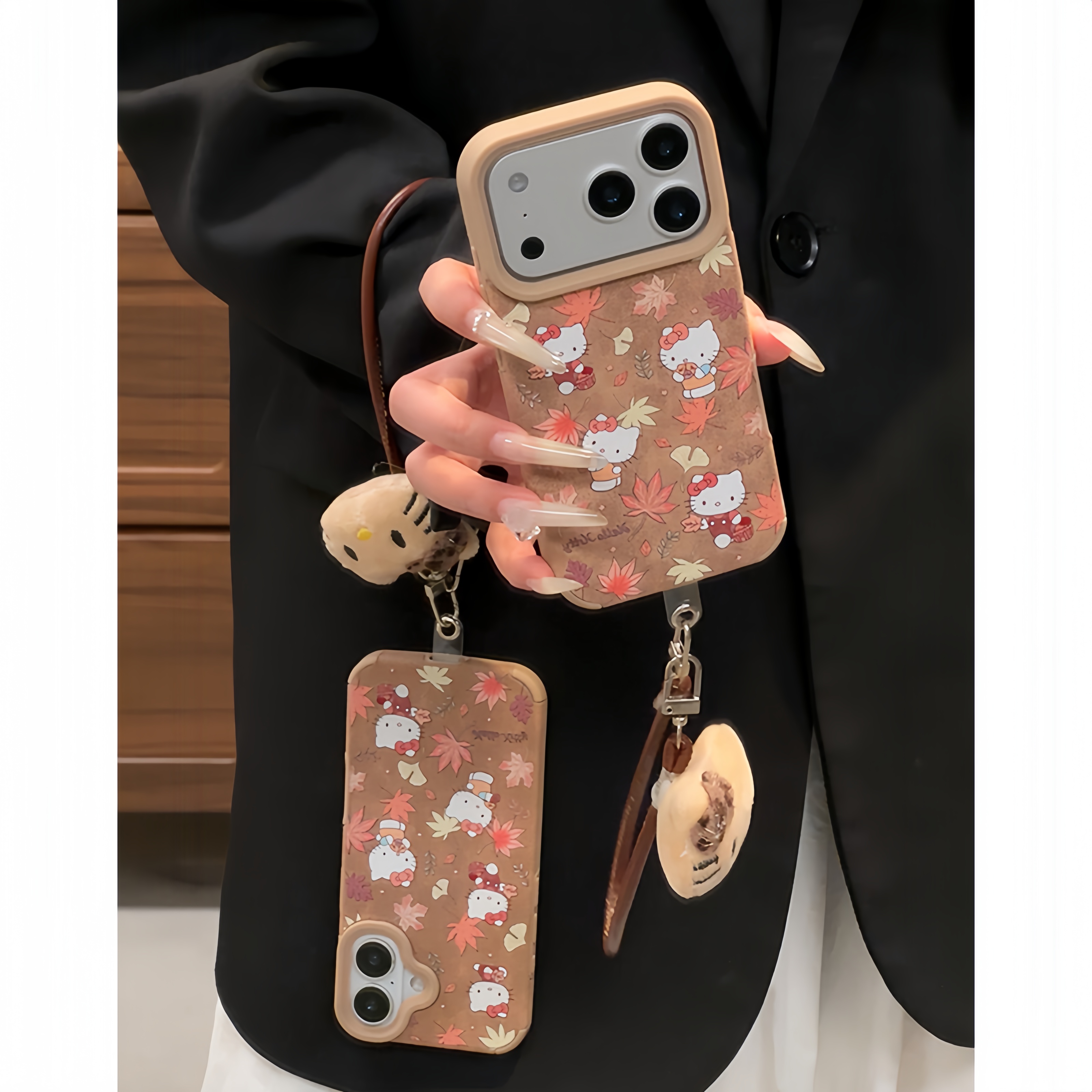 雅天立早秋枫叶KT猫挂绳适用苹果17手机壳16/15女华为vivoppo小米