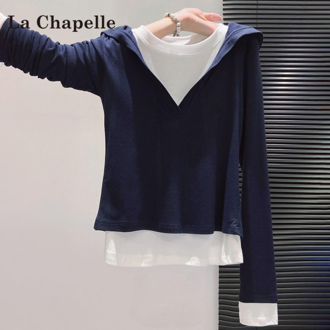 拉夏贝尔连帽假两件长袖上衣2025秋冬上新老钱风松弛感女装贵气