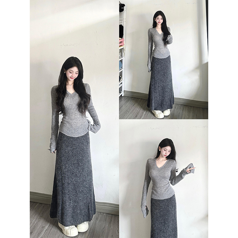 parkyeon秋季新款慵懒风V领针织衫上衣女高腰显瘦软糯半身裙套装