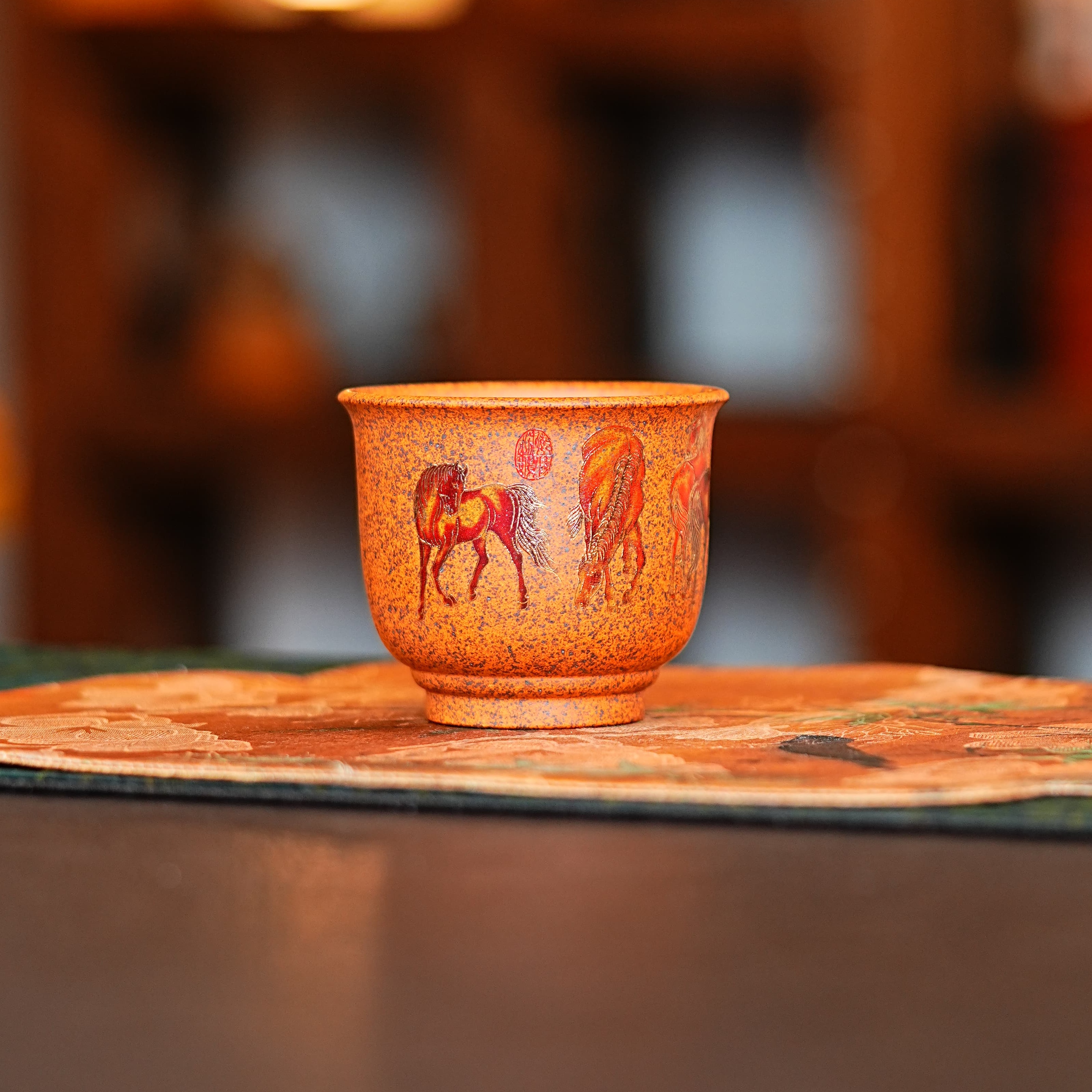 宜兴原矿紫砂龙骨金砂全手工高端茶具八骏珐琅彩高筒主人杯