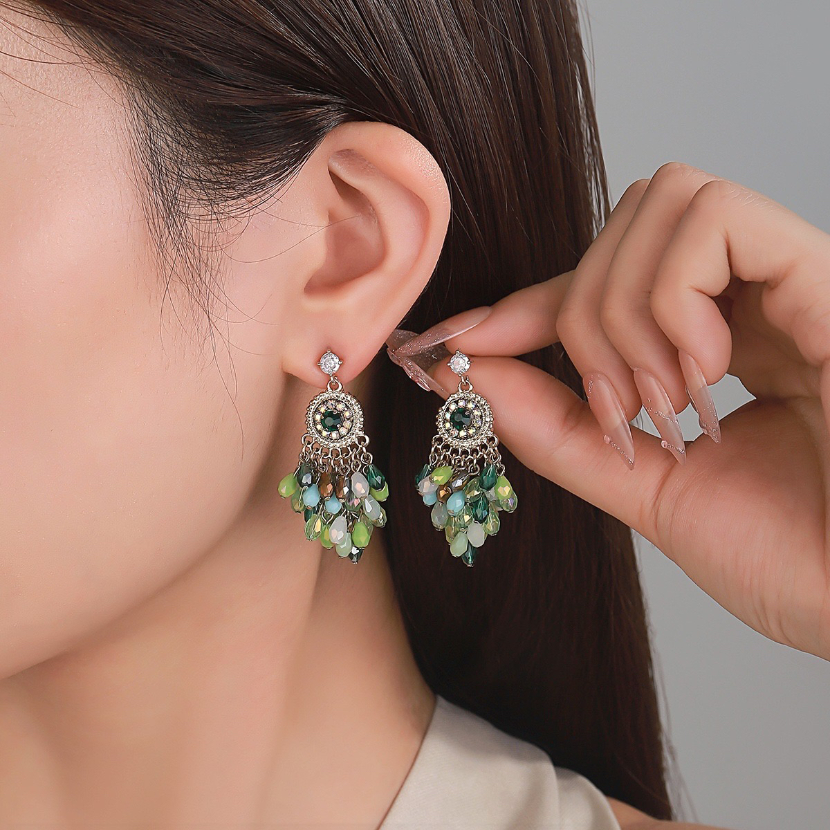 铜合金耳饰 手工彩色水晶流苏耳环小众设计波西米亚耳坠复古耳饰
