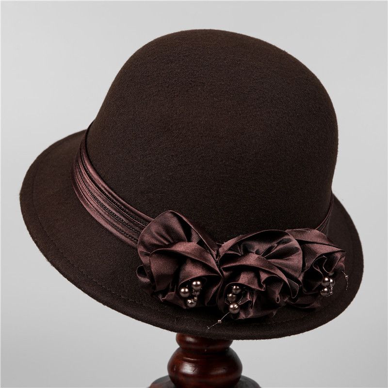 中老年帽子女冬保暖渔夫帽妈妈秋冬百搭花朵礼帽英伦时尚毛呢盆帽