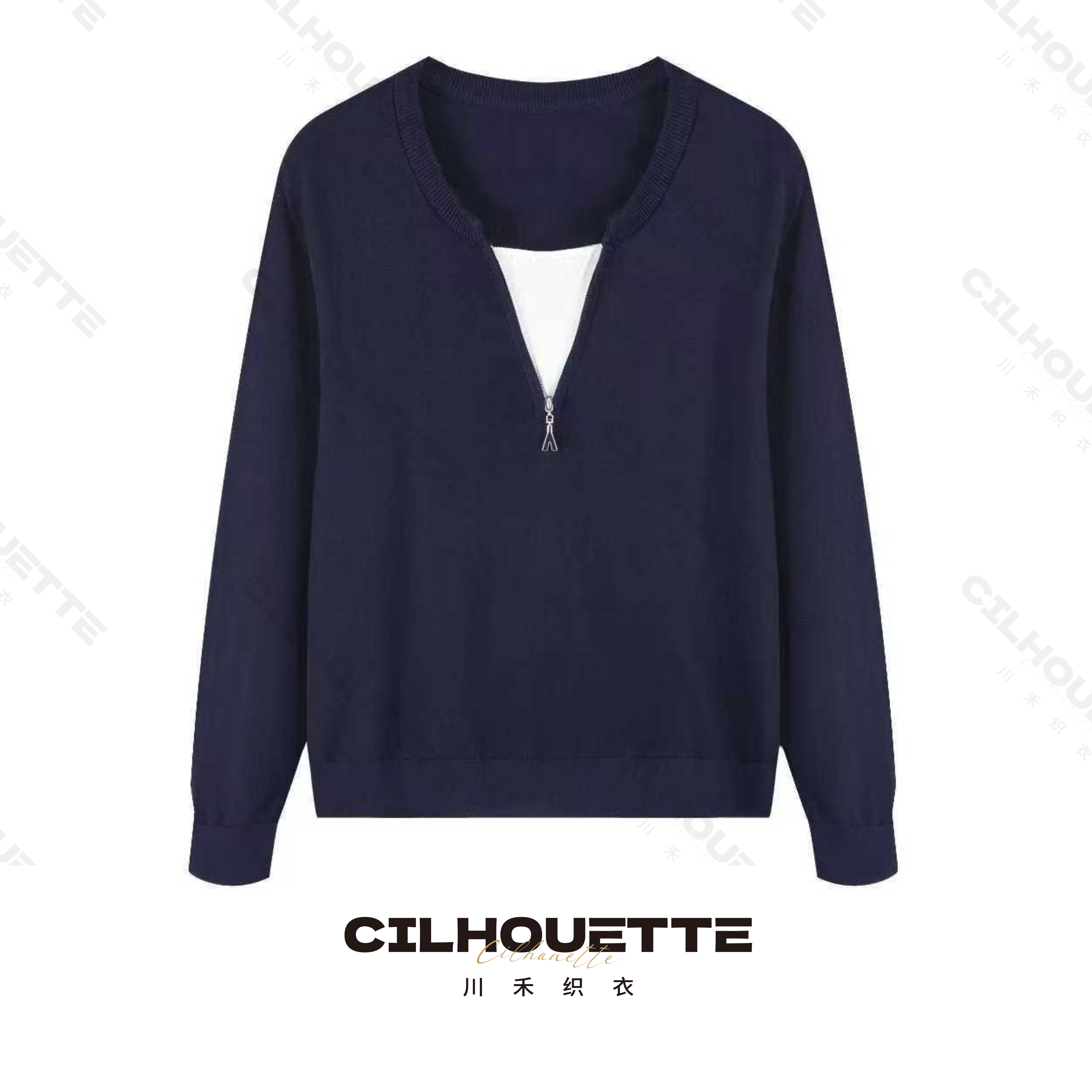 川禾织衣 早秋撞色假两件100纯兰精天丝长袖圆领时尚百搭针织衫