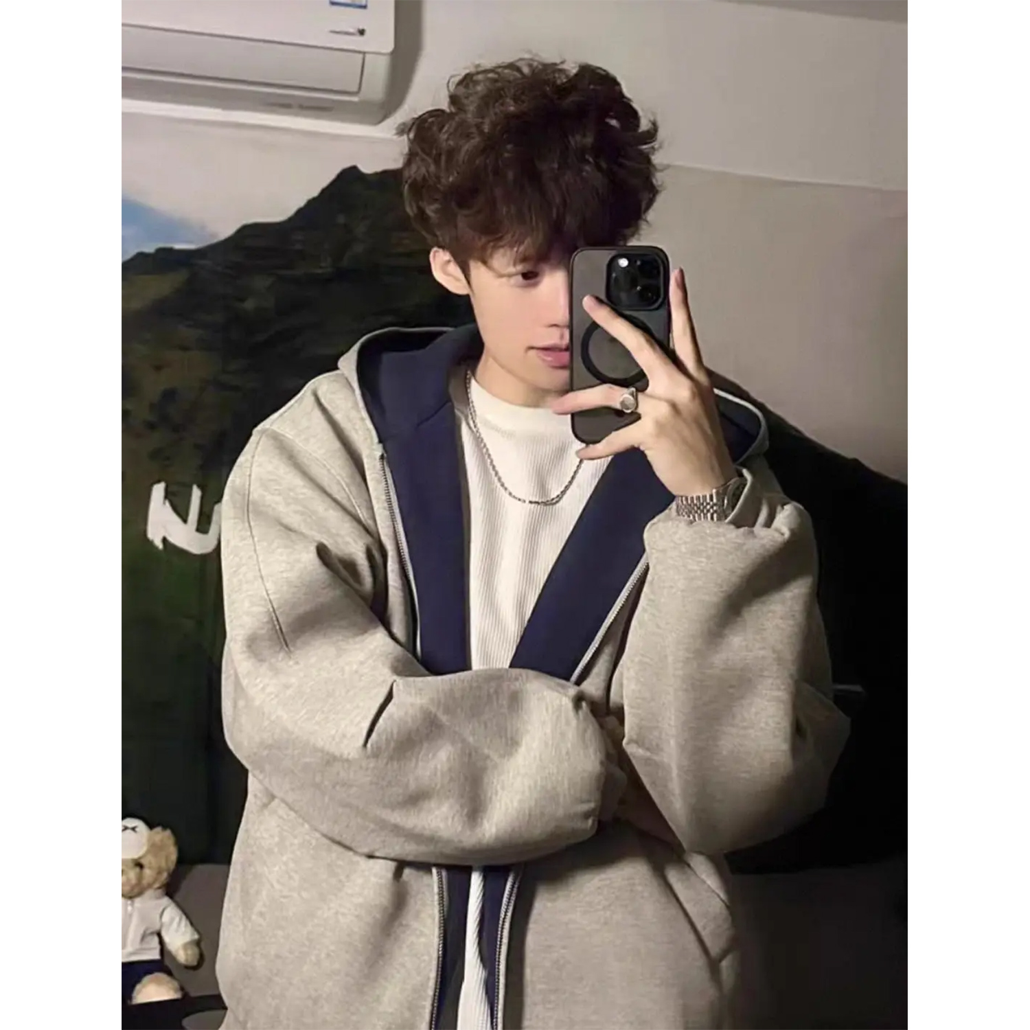 美式拼色连帽卫衣男女秋冬复古拉链百搭开衫情侣休闲慵懒风外套潮