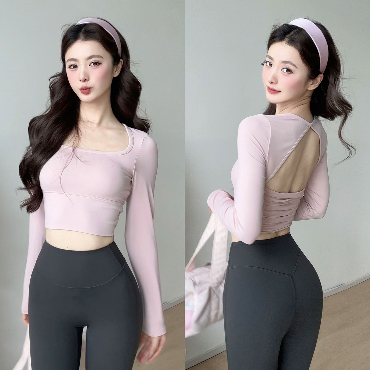 gogoyoga带胸垫运动长袖上衣女镂空瑜伽美背专业普拉提训练健身服