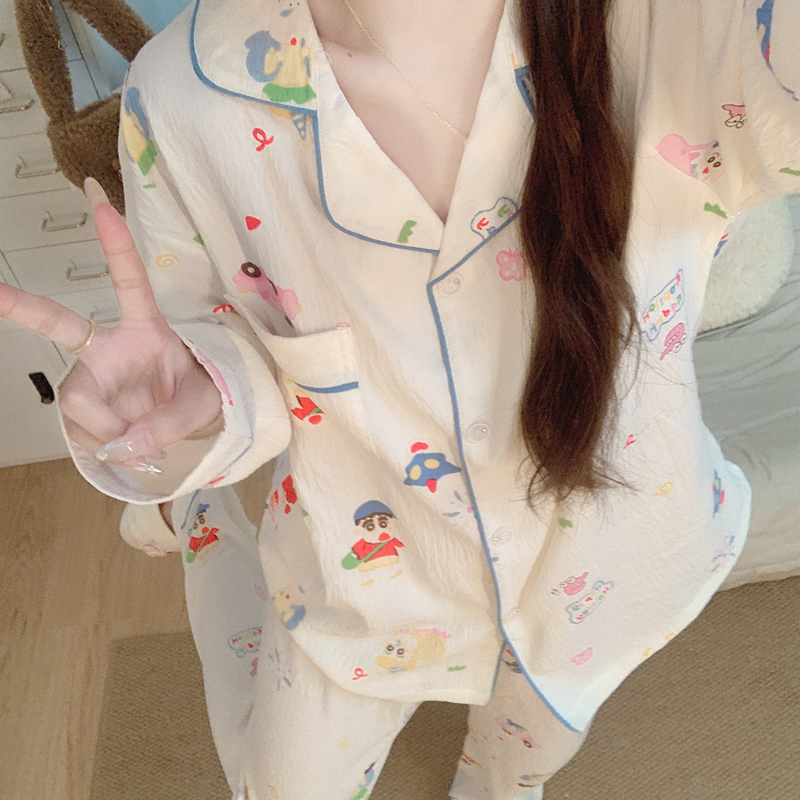 卡通长袖亲肤棉纱睡衣女2025年新款春秋季汽车蜡笔小新家居服套装
