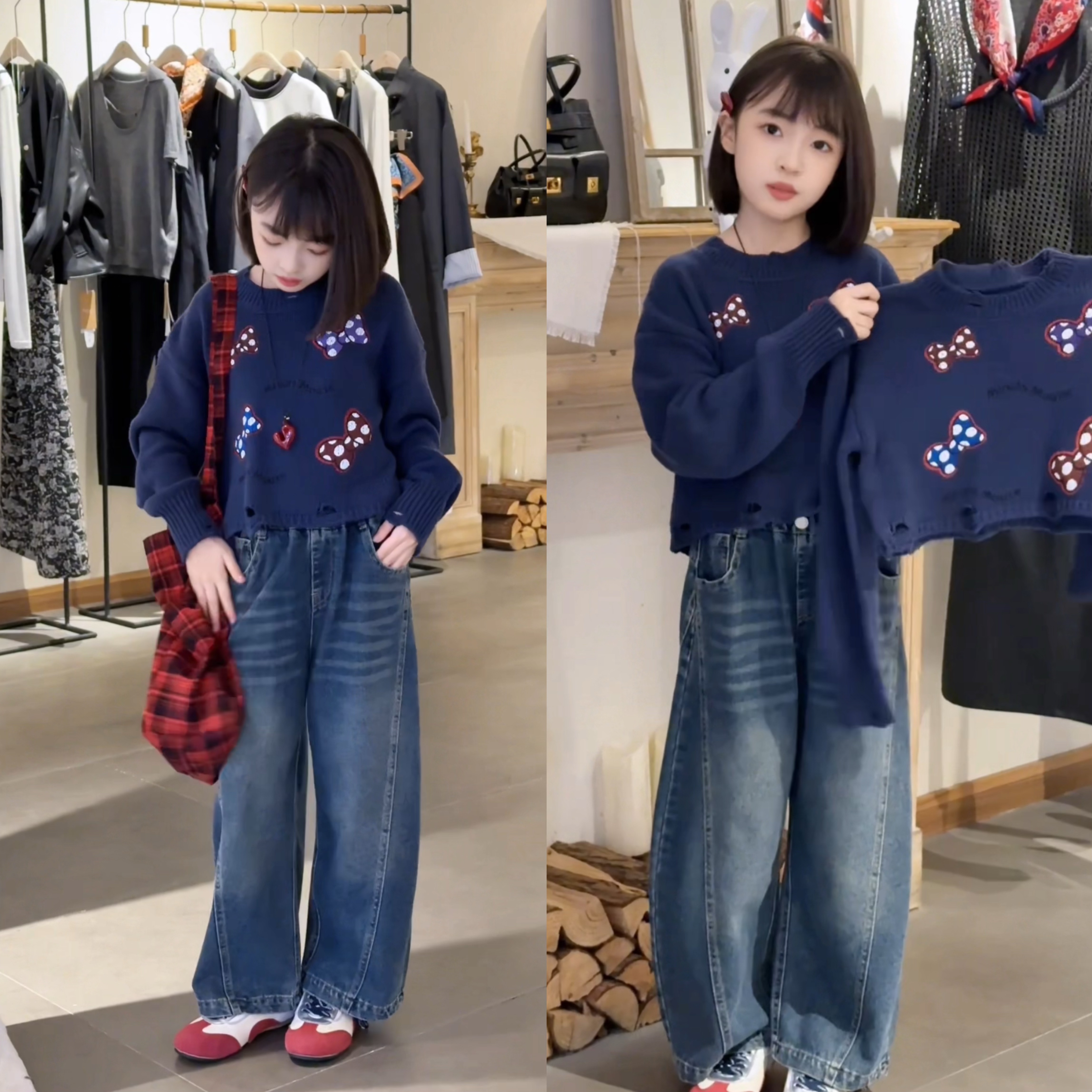 女童秋季新款破洞蝴蝶结毛衣牛仔阔腿裤套装儿童春秋洋气两件套潮