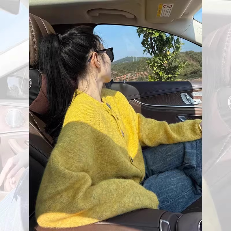 黄色奶呼呼软糯针织开衫女秋冬短款小个子宽松上衣慵懒风毛衣外套