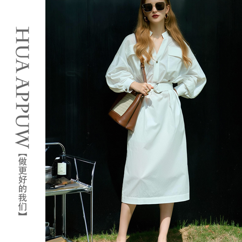 画朴高端气质白色系带衬衫裙2025早秋新款法式宽松长袖开叉连衣裙