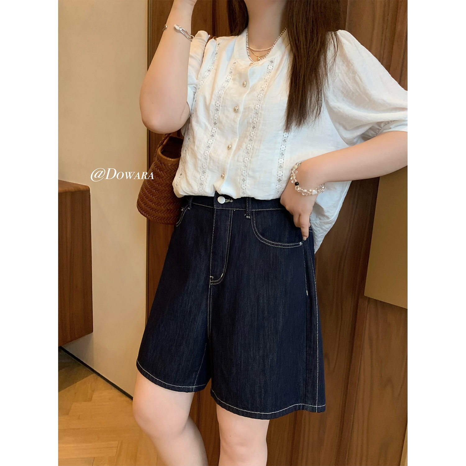 现货8437D大婉酱微胖定制【凉感丹宁】复古时尚牛仔明线高腰休闲裤