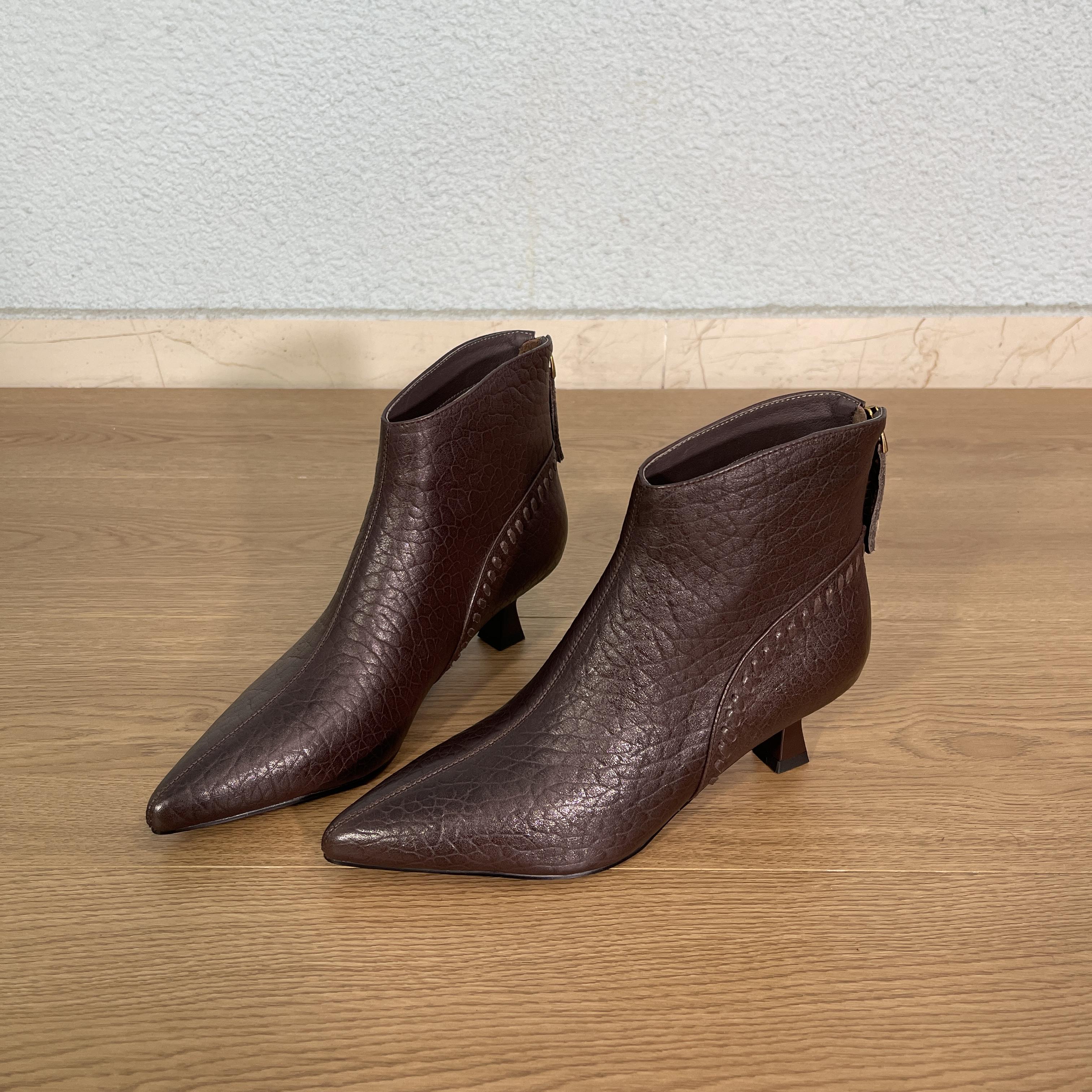 5cm 法式尖头真皮细跟短靴女2025秋冬新款后拉链高跟女