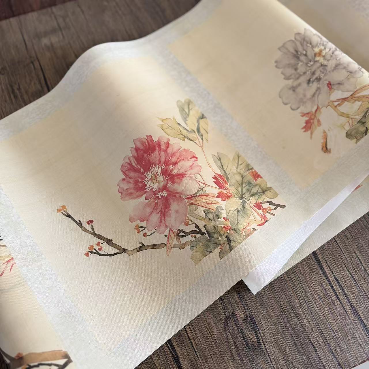 静德斋【绢布】【画牡丹册绢布长卷】小楷行草书半生熟作品长卷