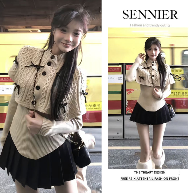 【现货】2025秋冬新款蝴蝶结高领斗篷毛衣不规则打底衫裙裤三件套