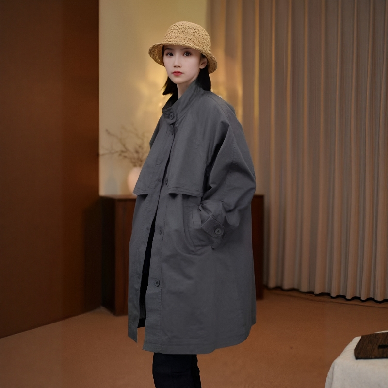 女小个子韩版风衣2025春秋款休闲风单排扣中长款高级立领时尚外套