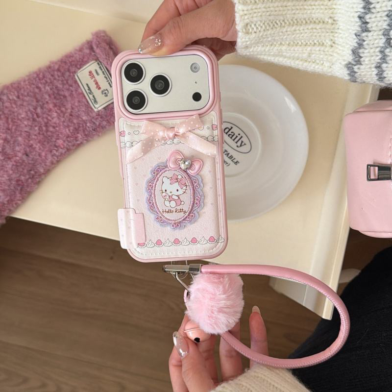 贴皮粉色刺绣kitty立体蝴蝶结适用于苹果14时尚创意手机壳ins风新