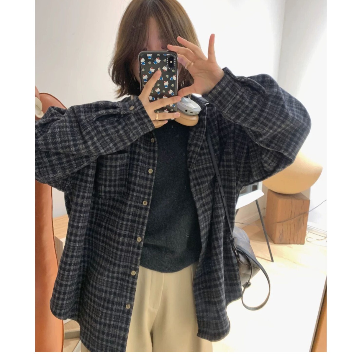 2025秋冬新款复古毛呢格子加厚休闲中性男友风长袖磨毛衬衫女外套