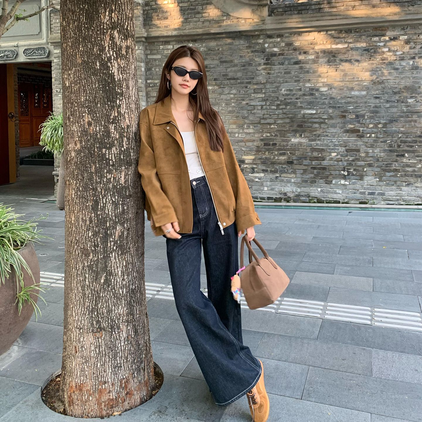 女2025秋季新款洋气宽松休闲夹克上衣美式复古棕色翻领麂皮绒外套
