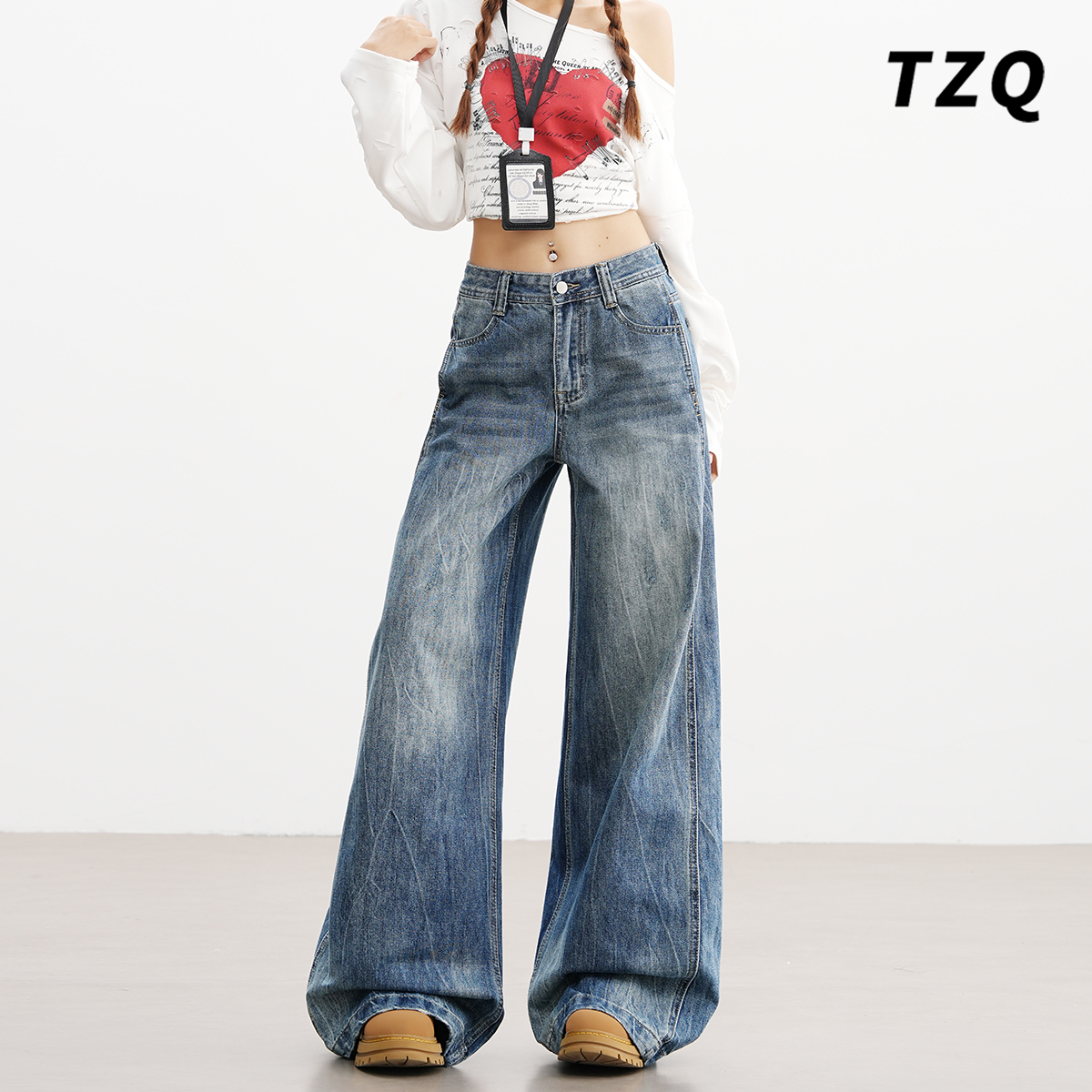 美式重工水洗做旧阔腿牛仔裤女款爆款2025秋季高腰辣妹百搭拖地裤