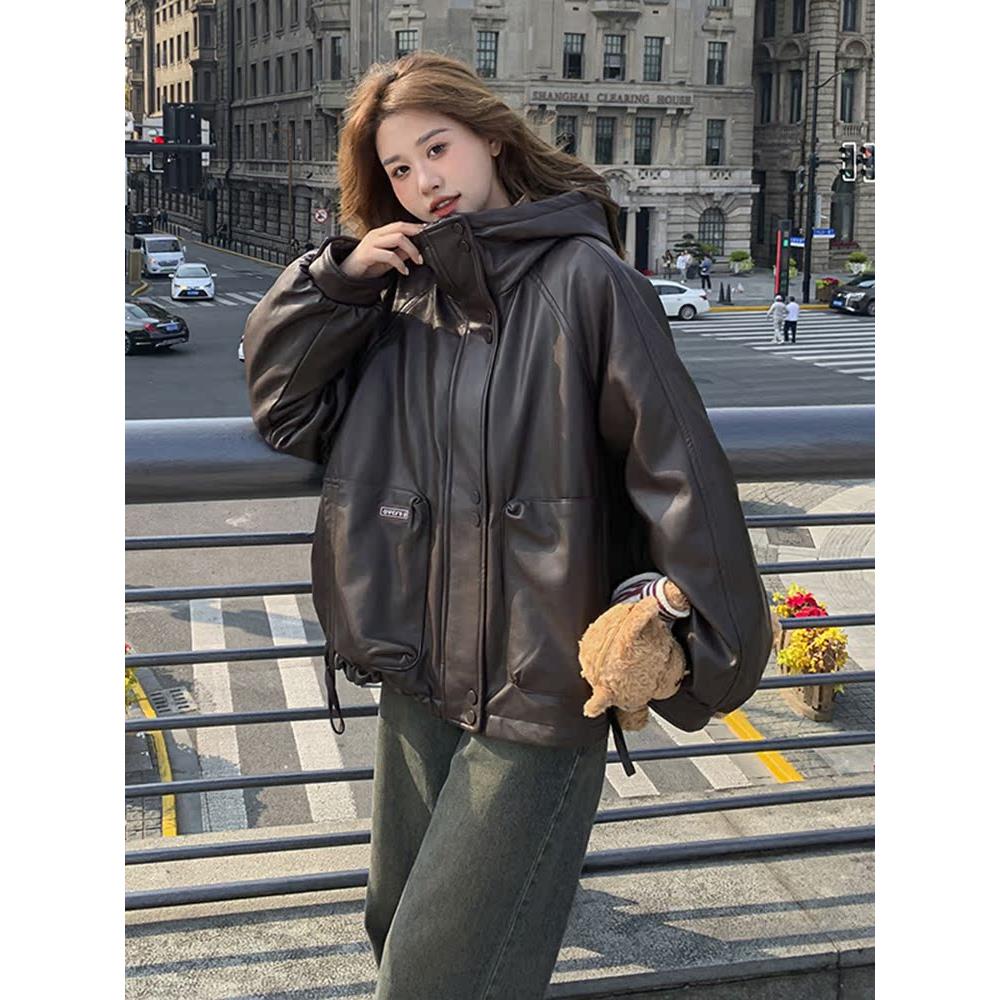 美国覆古皮夹克女子短2025新冬季热风格羊毛衬里加厚连帽Pu皮夹克