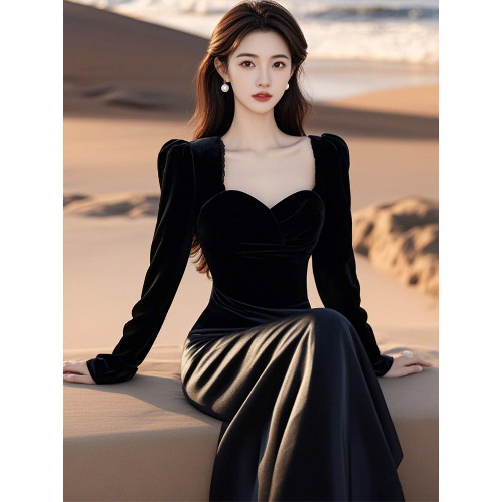 秋冬穿搭法式生日礼服气质成人礼生日重工party黑色金丝绒连衣裙