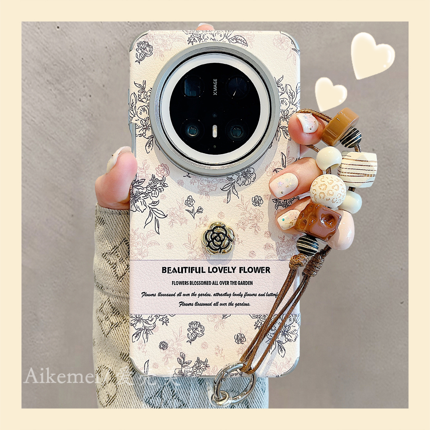 适用华为mate70pro+手机壳素描花朵Mate60pro+皮质立体山茶花链条