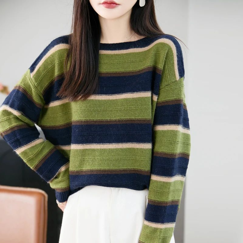 哥弟阿玛施正品秋冬新款拼色条纹圆领针织衫慵懒风时尚洋气毛衣女