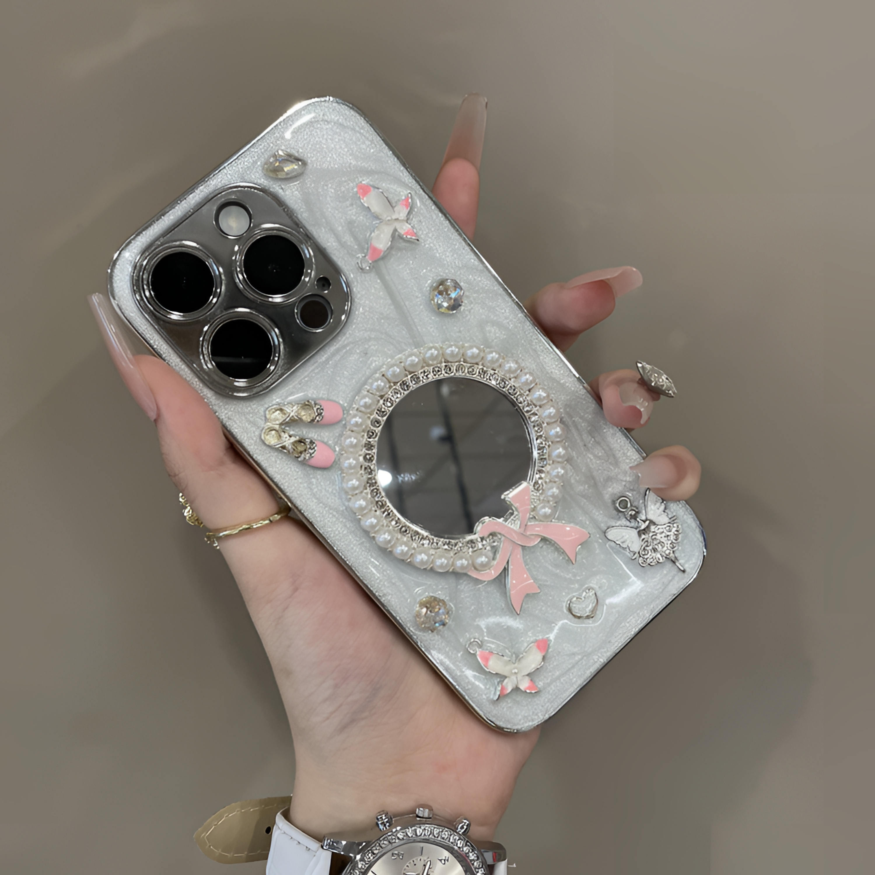 ins轻奢滴胶蝴蝶结闪钻镜子适用iPhone16手机壳15pro高级感14/13