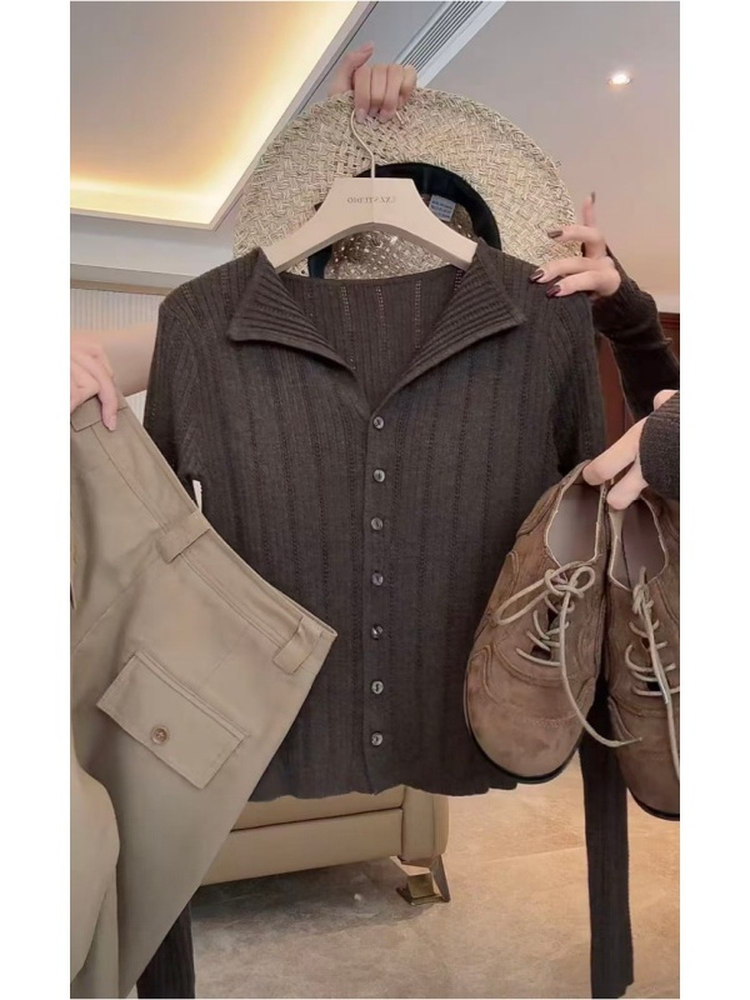 高级感竖条纹长袖修身显瘦设计感针织衫女士秋季新款百搭开衫上衣