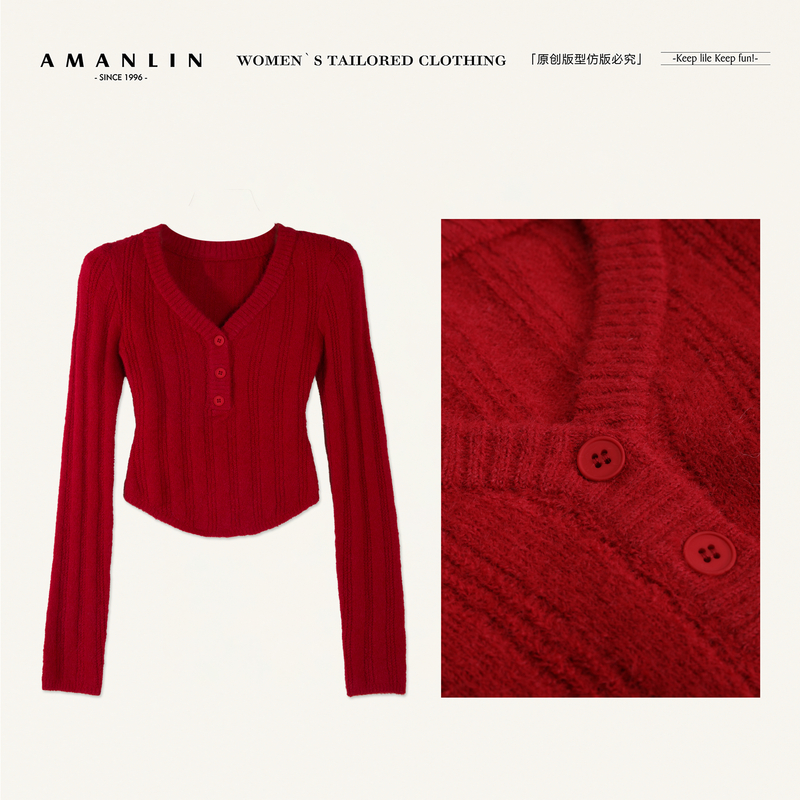AMANLIN/阿谩琳琥珀流光韩版彩色羊毛V领毛衣显瘦Y603203