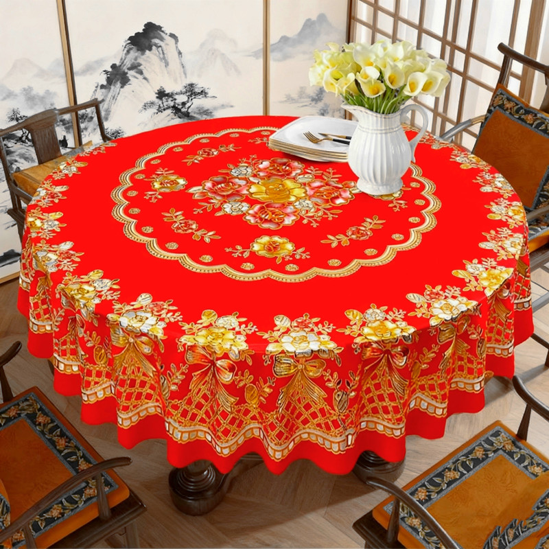中国红喜庆圆桌布防水防油免洗加厚大圆桌餐桌布酒店饭店家用桌布