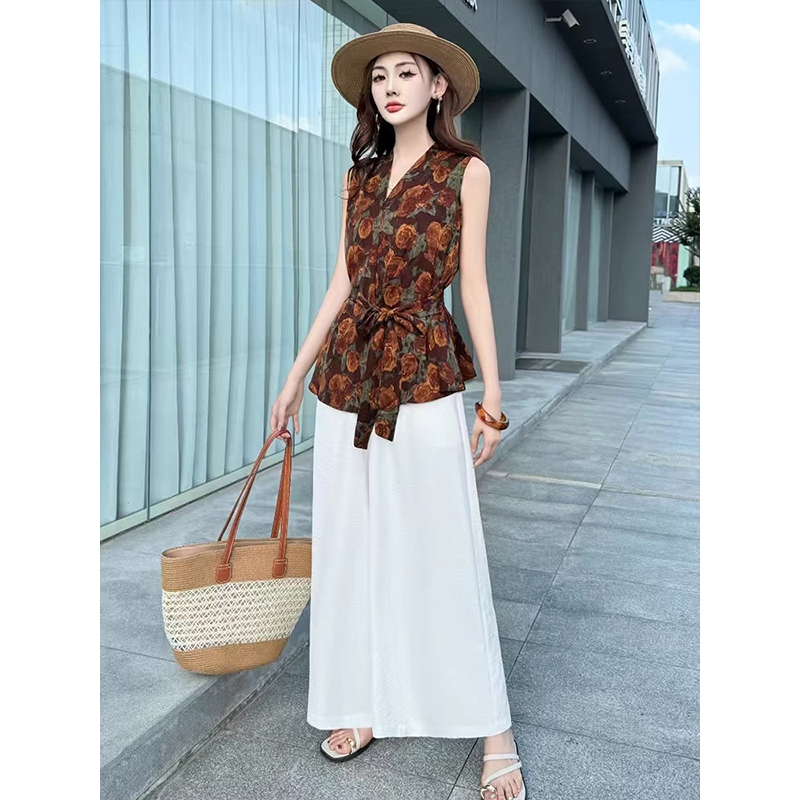 拉夏贝尔2025夏季新款复古印花无袖系带雪纺印花衬衫阔腿裤两件套