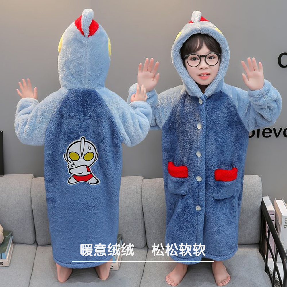 奥特曼男童睡袍秋冬加厚儿童珊瑚绒睡衣秋冬季宝宝家居服外穿浴袍