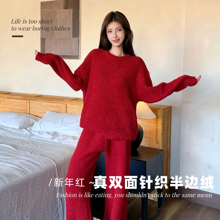 冬日加绒加厚可外出居家睡衣套装保暖大码半边绒家居服两件套女