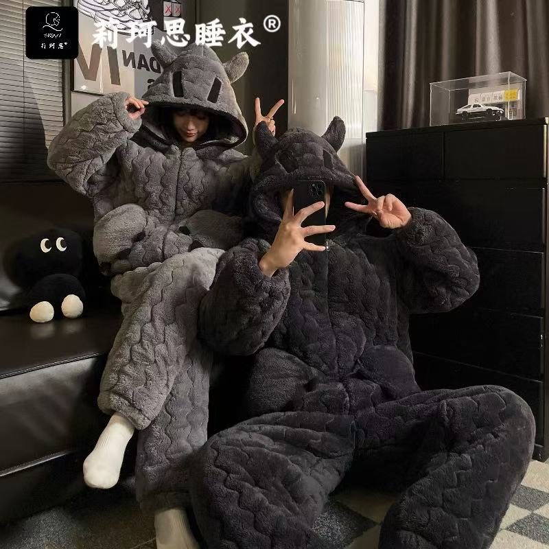 莉珂思情侣睡衣女冬季珊瑚绒加绒加厚三层夹棉男士保暖家居服套装
